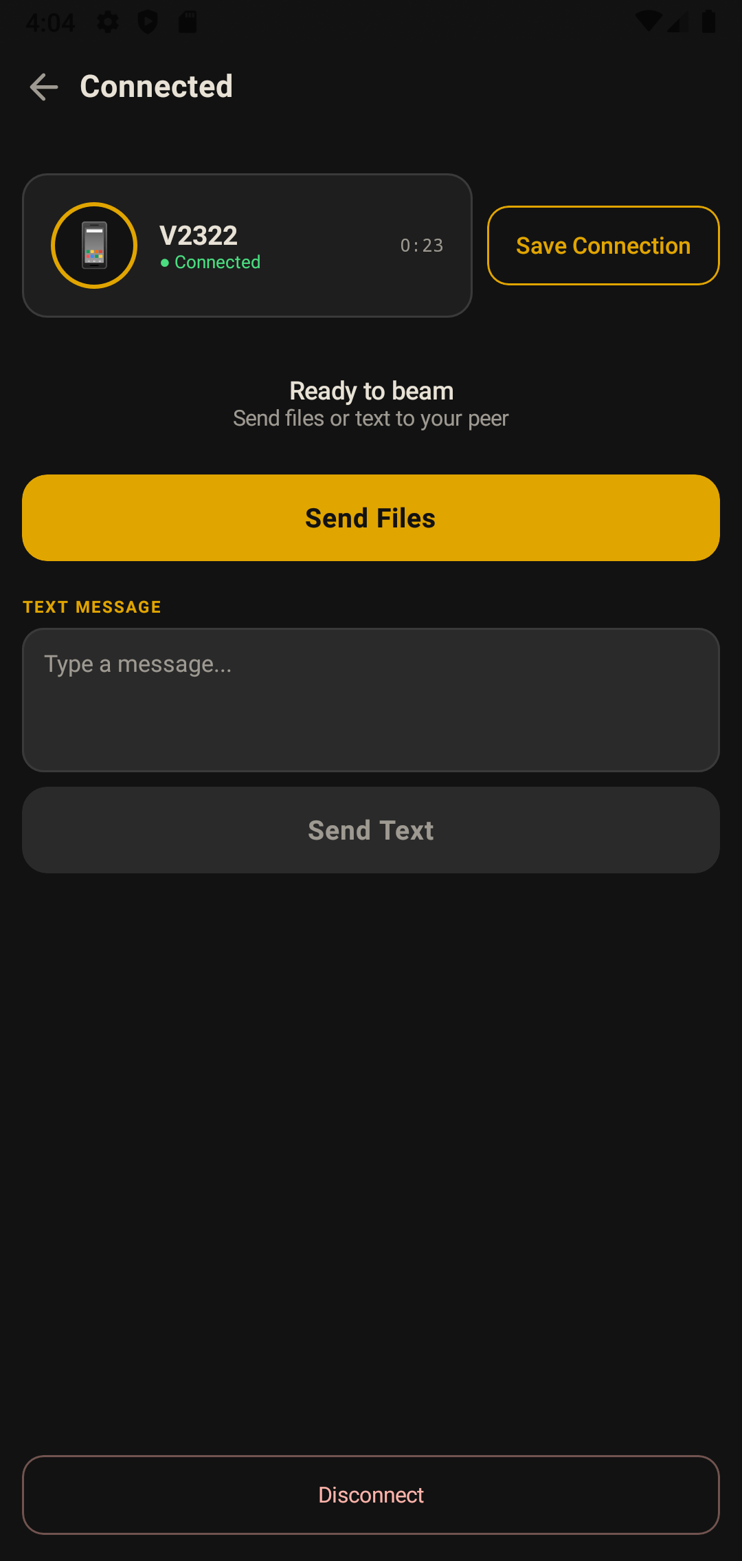 A connected Beam session with a Send Files button, a text message box with Send Text below it, and a Save Connection option