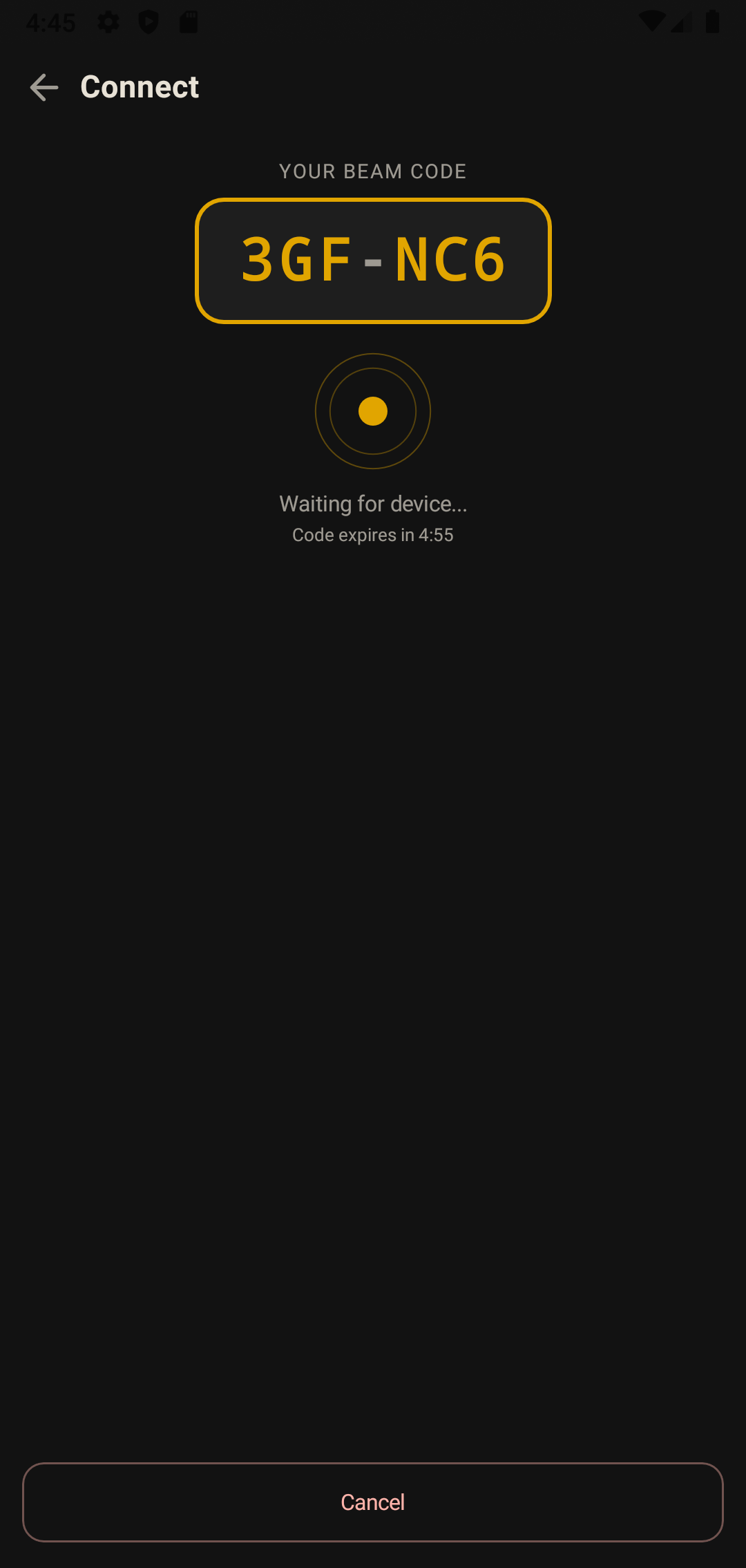 The Connect screen showing a six-character Beam code, a waiting-for-device indicator, and the time left before the code expires