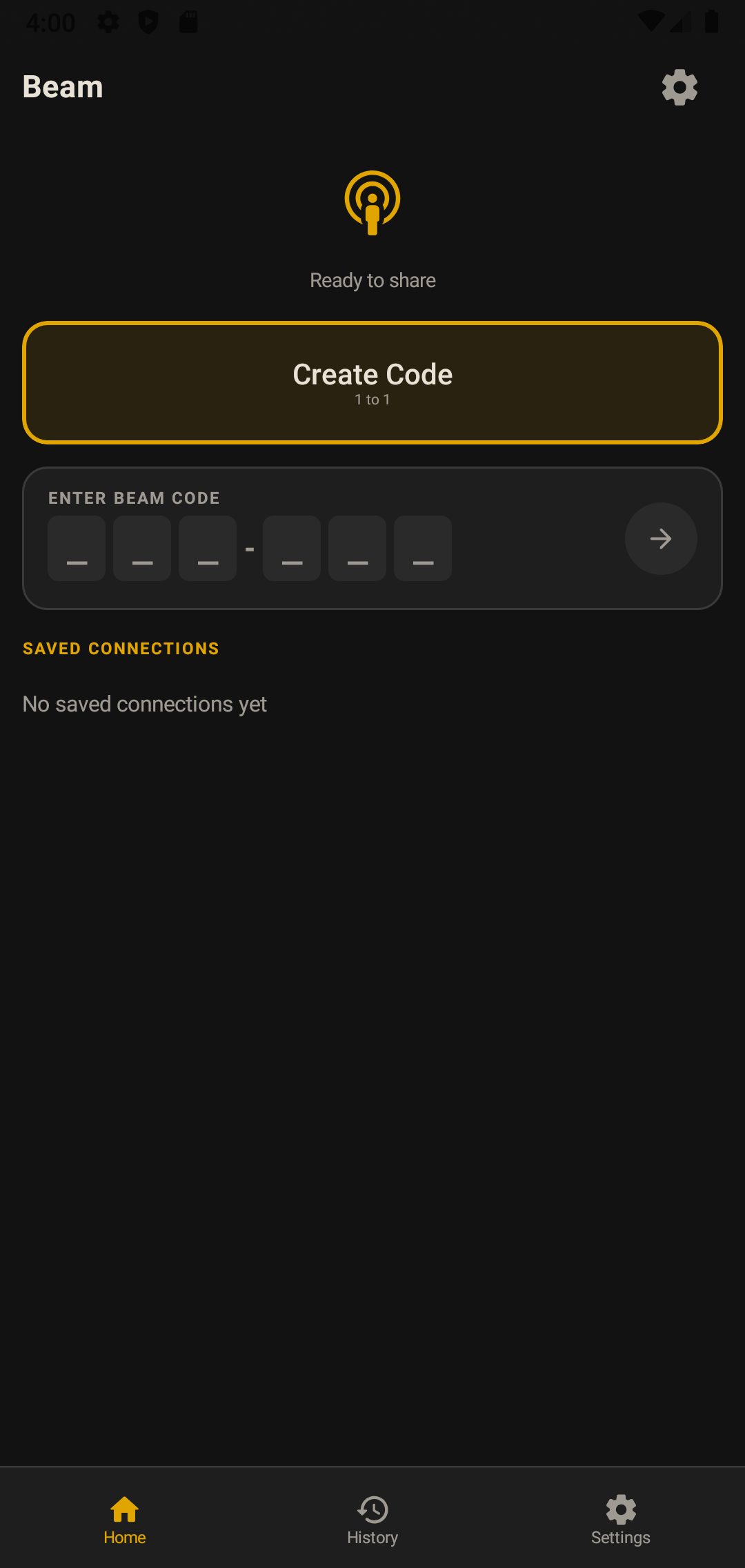 The Beam home screen with a Create Code button, six boxes for entering a code from another device, and a saved connections list