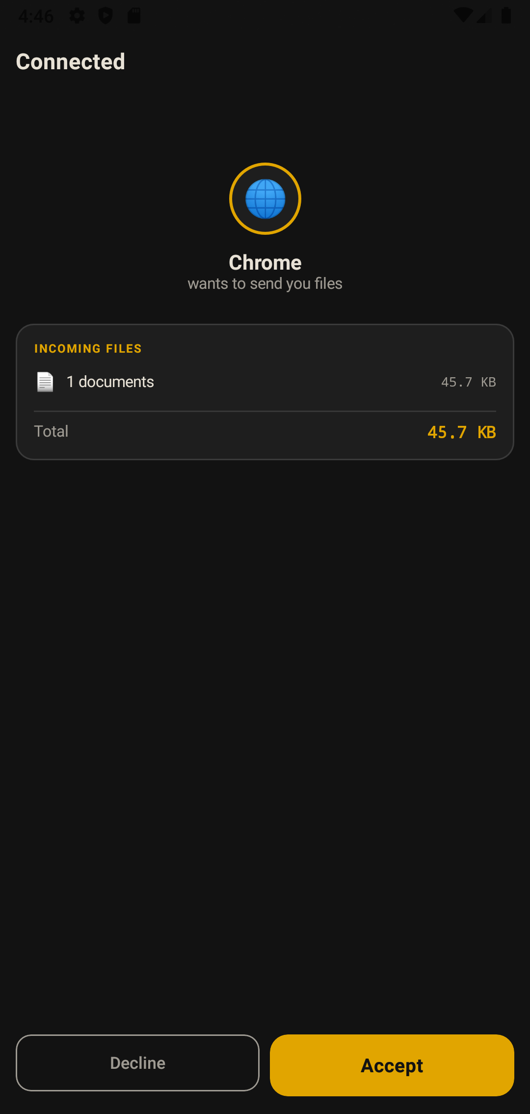 An incoming transfer on Android sent from a browser, showing that Chrome wants to send files, the file count and total size, and Decline and Accept buttons