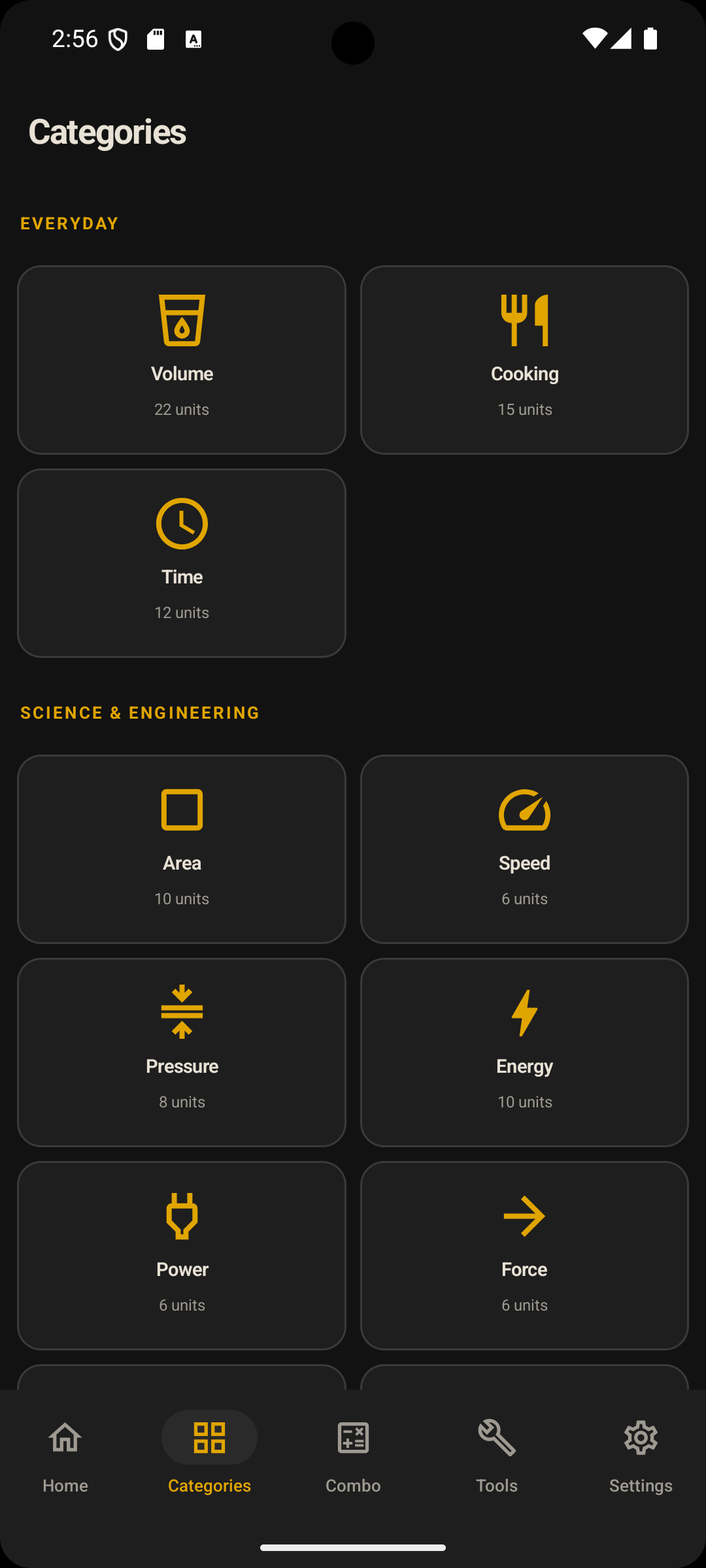 The Categories screen, with Everyday tiles for Volume, Cooking and Time above Science & Engineering tiles for Area, Speed, Pressure, Energy, Power and Force, each showing its unit count