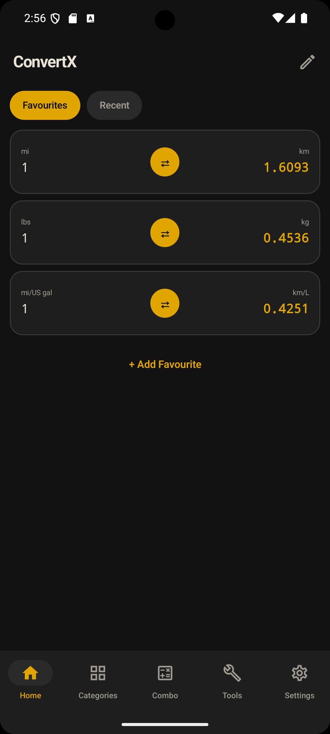 The ConvertX home screen with favourite conversion cards for miles to kilometres, pounds to kilograms and miles per US gallon to kilometres per litre