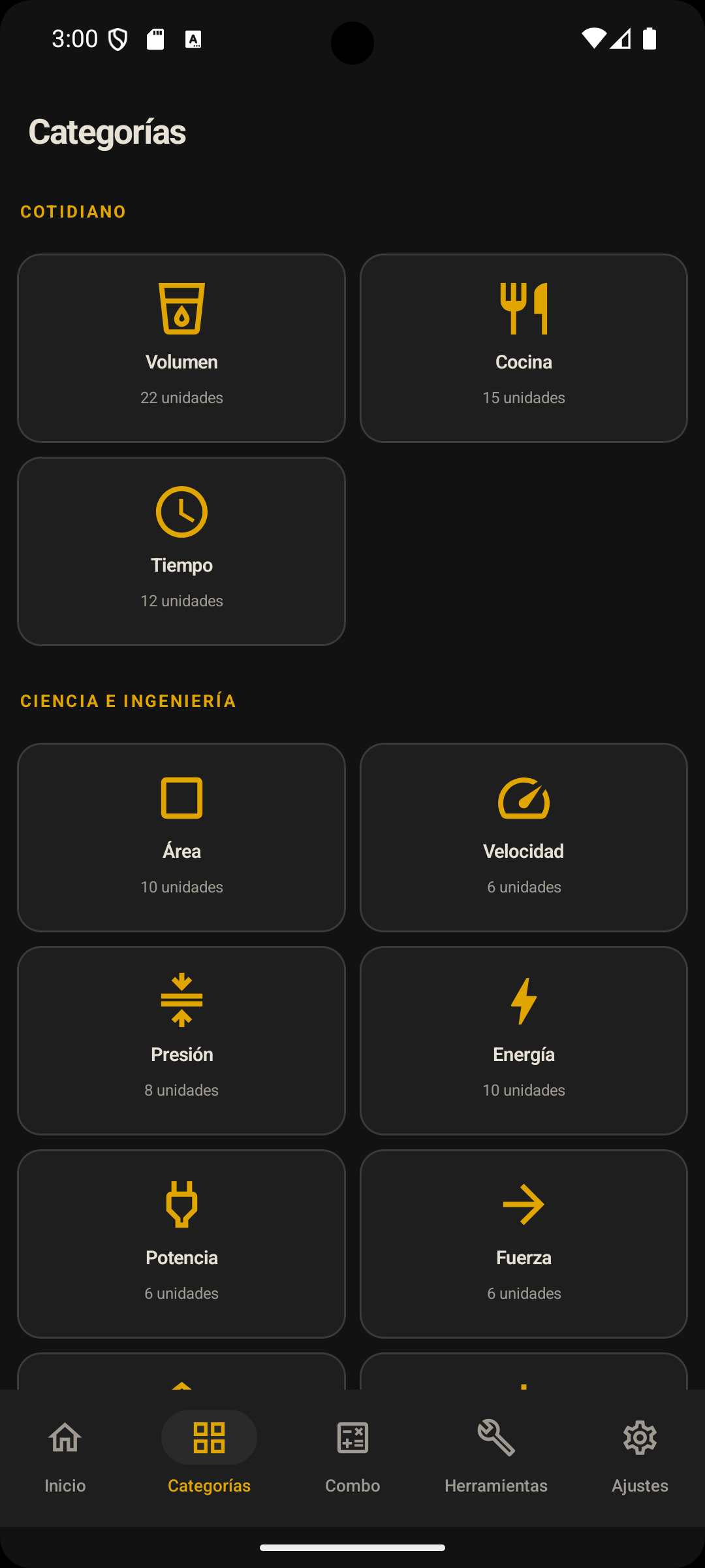 La pantalla Categorías, con las tarjetas de volumen, cocina y tiempo en la sección Cotidiano y, debajo, las de área, velocidad, presión, energía, potencia y fuerza en Ciencia e ingeniería; cada tarjeta muestra su cantidad de unidades
