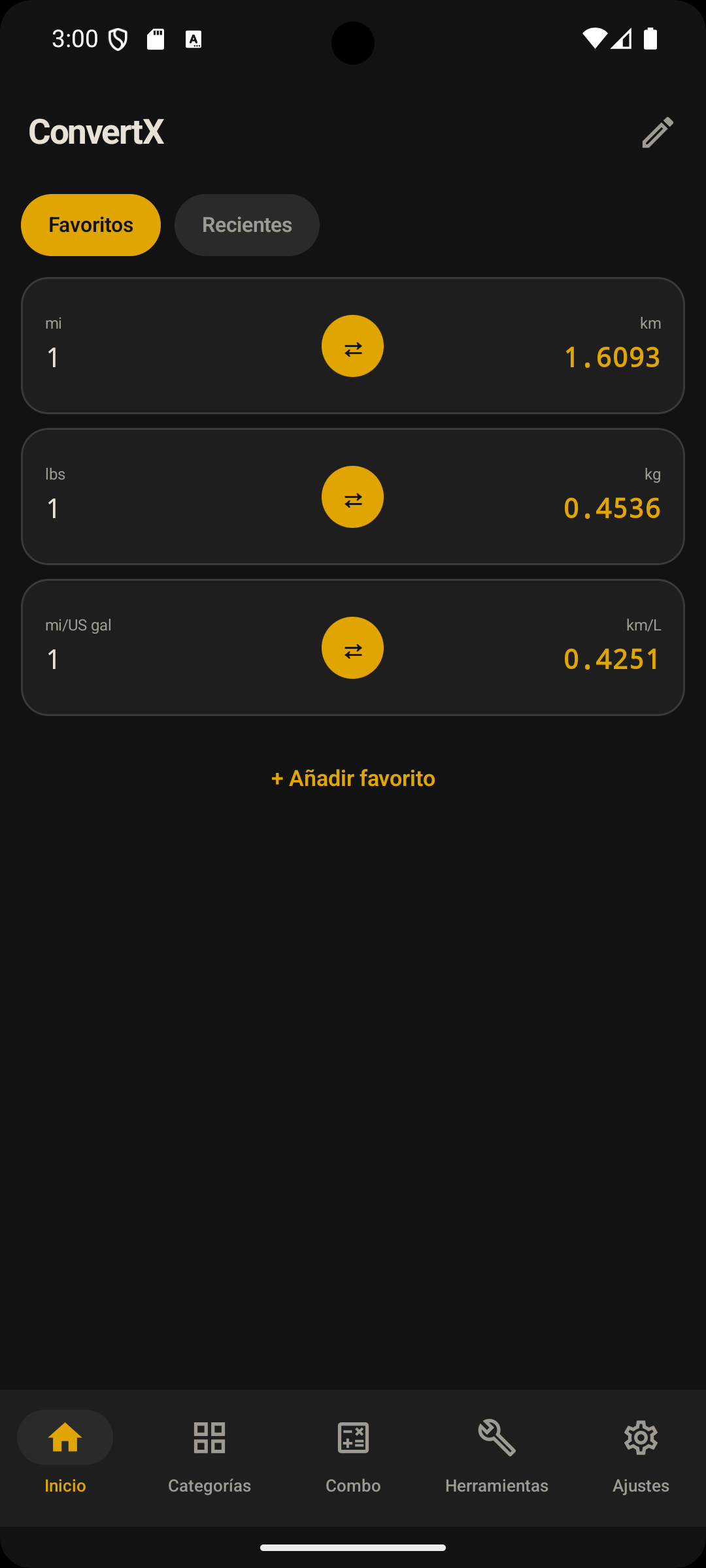 La pantalla de inicio de ConvertX con tarjetas de conversiones favoritas de millas a kilómetros, libras a kilogramos y millas por galón estadounidense a kilómetros por litro