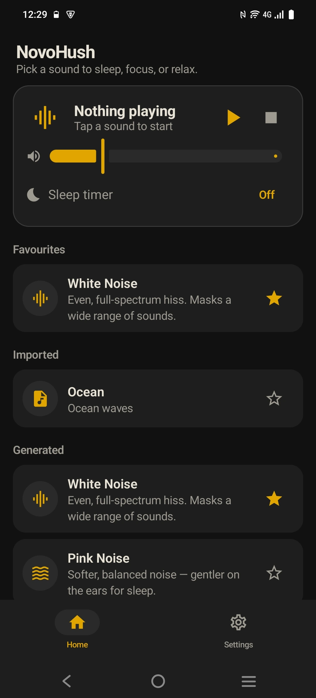 The NovoHush home screen with a player card, a volume slider and a sleep timer above the Favourites, Imported and Generated sound lists