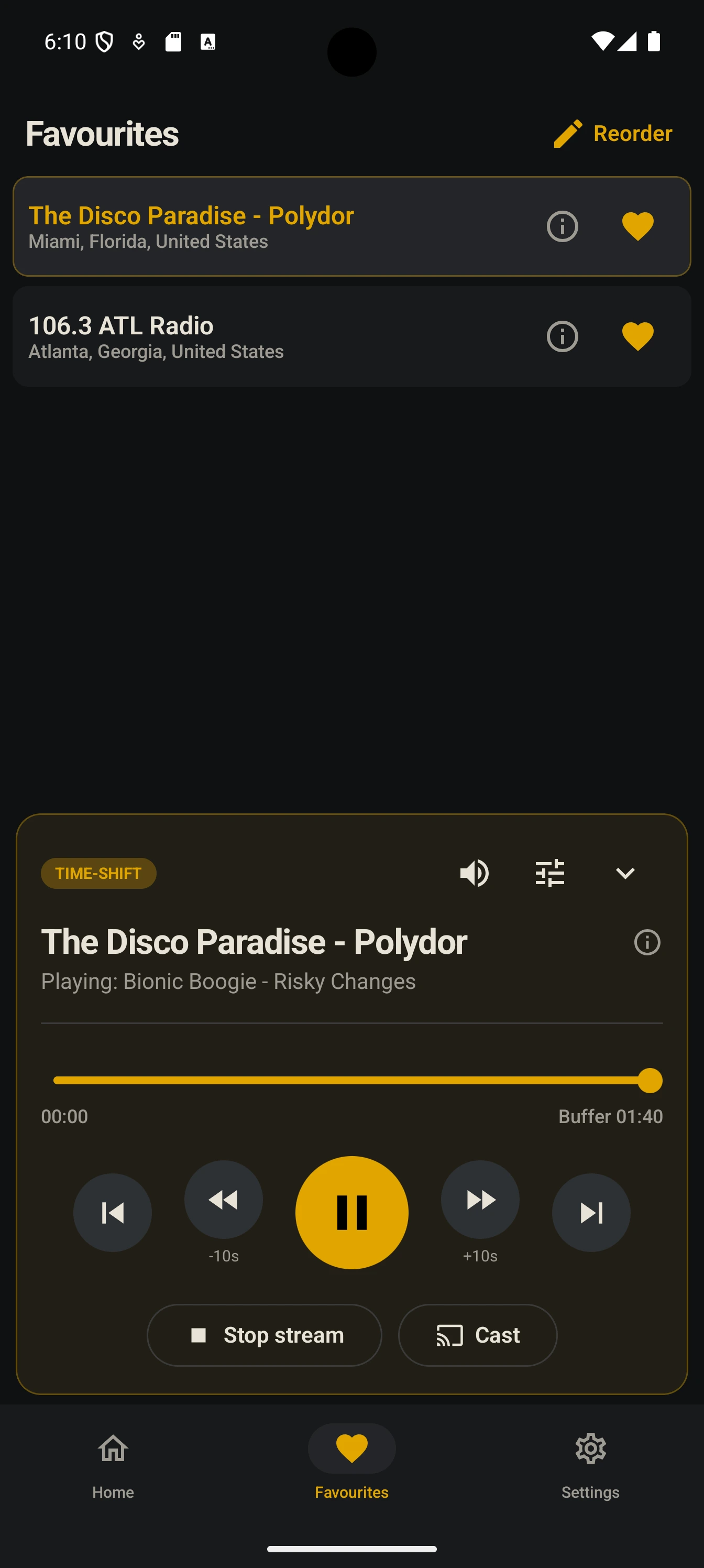 The Favourites tab listing saved stations, with a Reorder control for changing their order